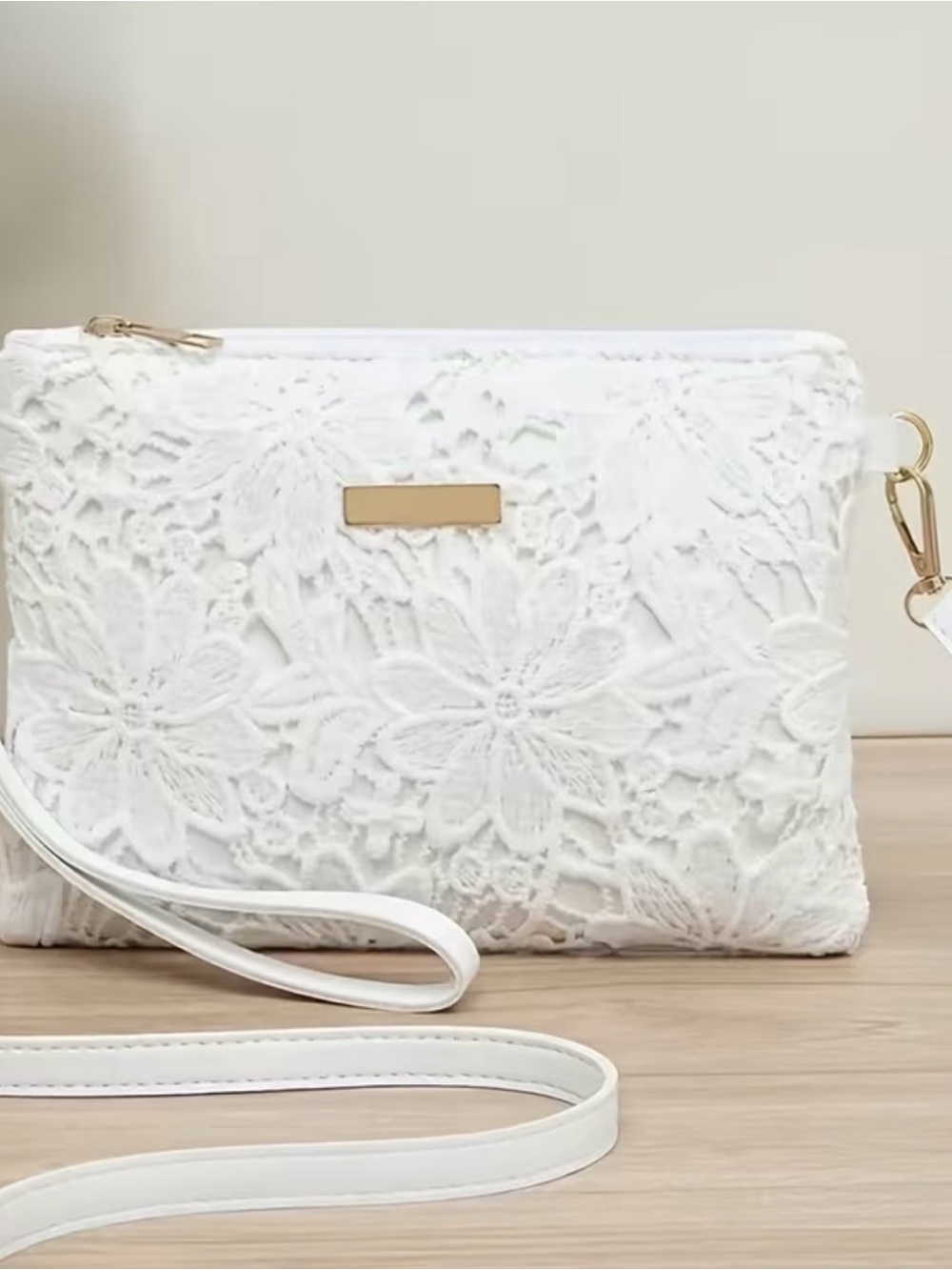 White Floral Lace Crossbody Bag with Gold Accent